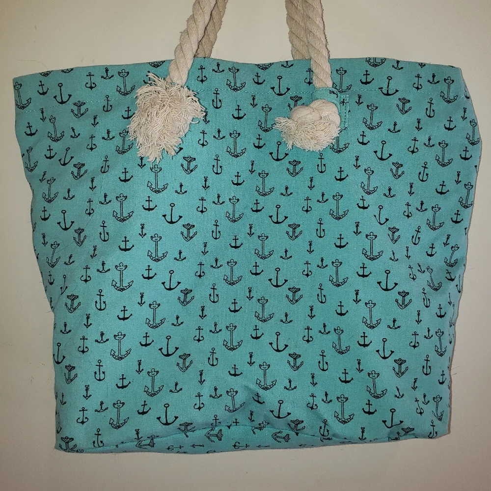 Beachy teal tote bag with black anchors and rope handles, large